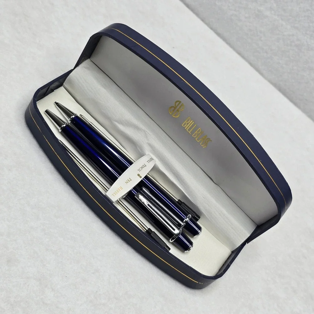 Bill Blass Blue Chrome Ballpoint Pen Mechanical Pencil Set Refills BB0091RF